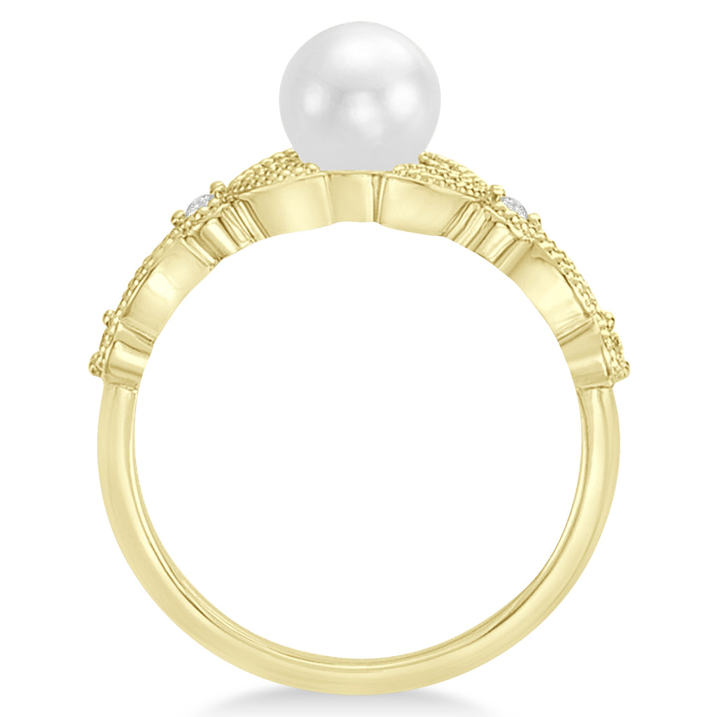 Freshwater Pearl & Diamond Leaf Ring 14k Yellow Gold (6.0-6.5mm)