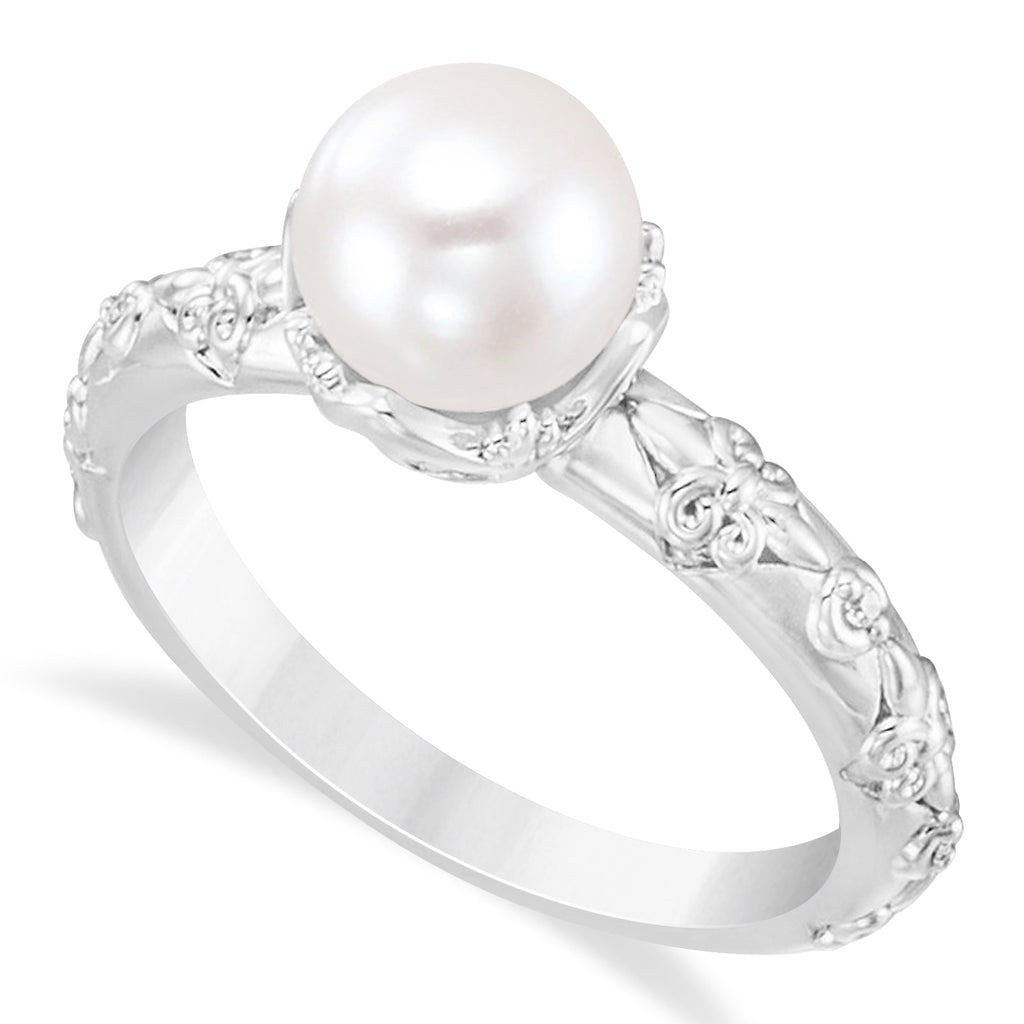 Vintage-Inspired Freshwater Pearl & Diamond Ring 14k White Gold (7.0-7.5mm)