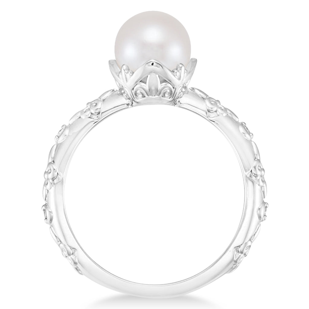 Vintage-Inspired Freshwater Pearl & Diamond Ring 14k White Gold (7.0-7.5mm)