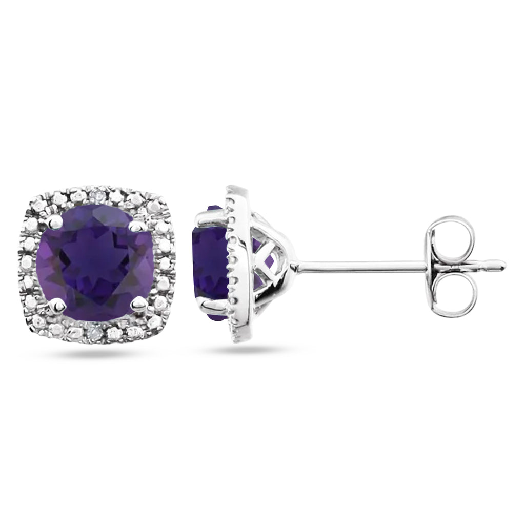 Natural Amethyst & Diamond Stud Earrings Sterling Silver (0.76ct)
