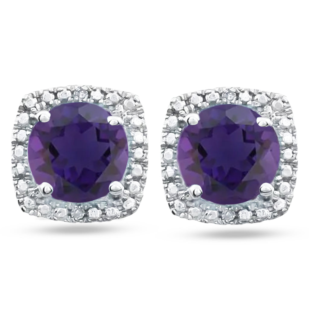 Natural Amethyst & Diamond Stud Earrings Sterling Silver (0.76ct)