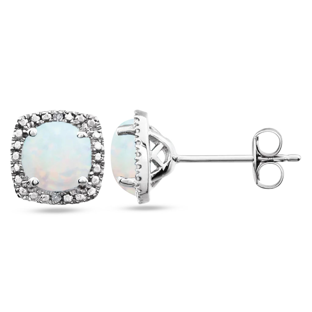 Lab Grown White Opal & Natural Diamond Stud Earrings Sterling Silver (0.65ct)