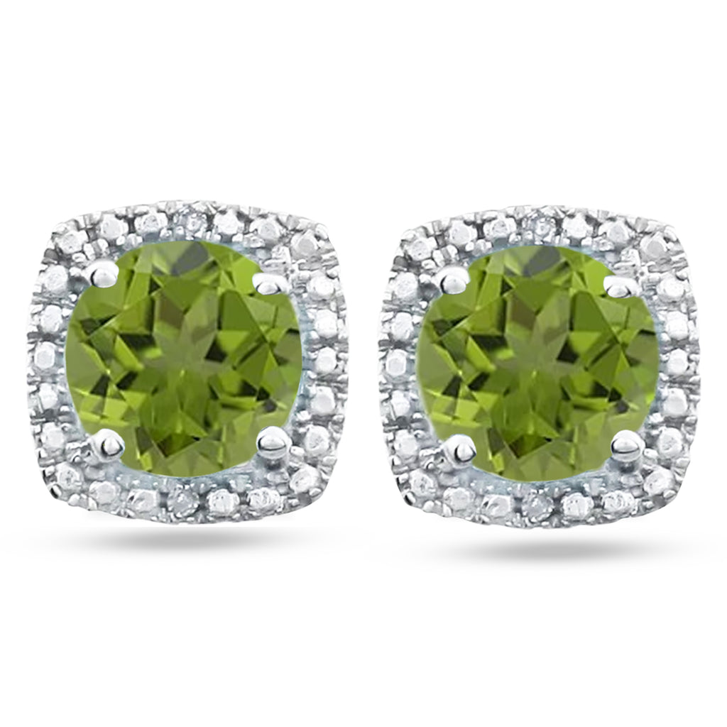 Natural Peridot & Diamond Stud Earrings Sterling Silver (0.97ct)