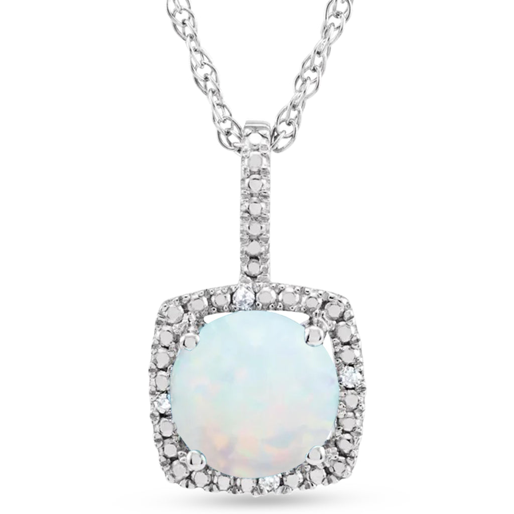 Lab  White Opal & Natural Diamond Pendant Necklace Sterling Silver (1.02ct)