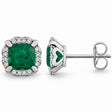 Cushion Lab Emerald & Natural Diamond Halo Stud Earrings 14K White Gold 1.20ct