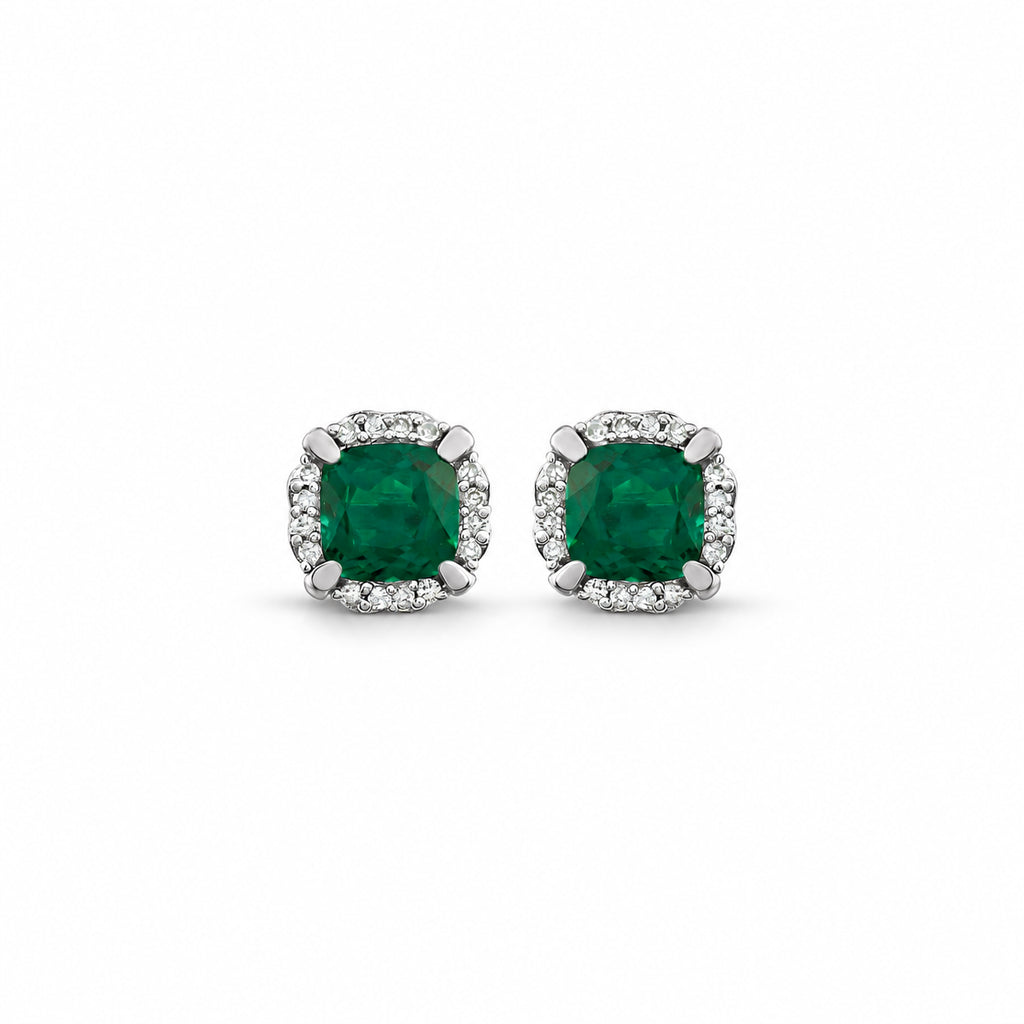 Cushion lab-grown emerald and natural diamond halo stud earrings in 14K white gold