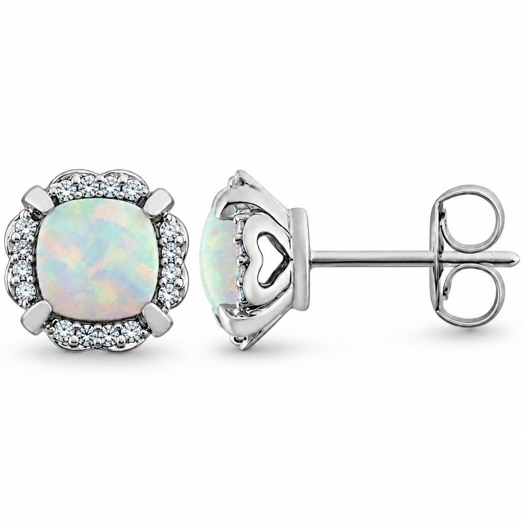 Cushion lab-grown opal and natural diamond halo earrings, enlarged front and side view