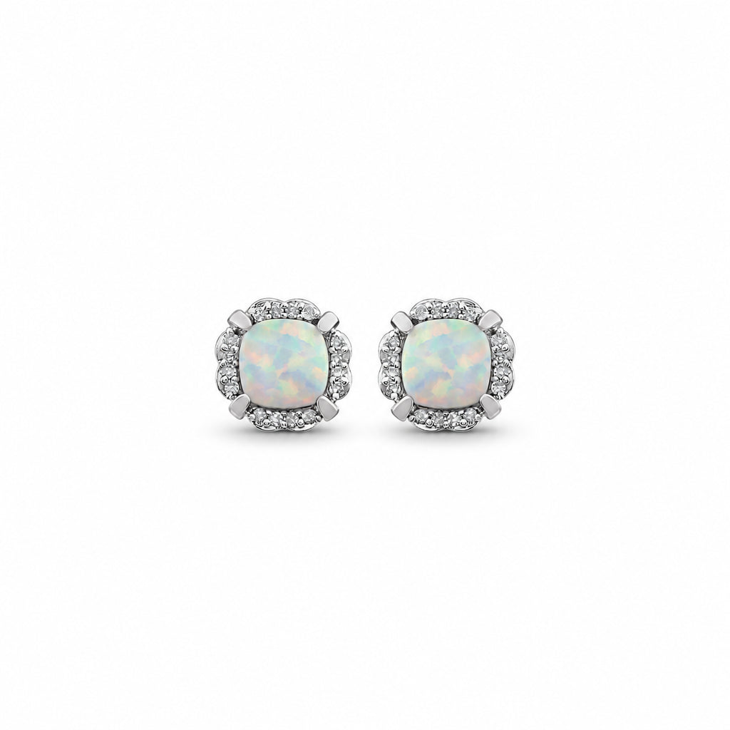 5x5mm cushion lab-grown opal and natural diamond halo earrings in 14K white gold