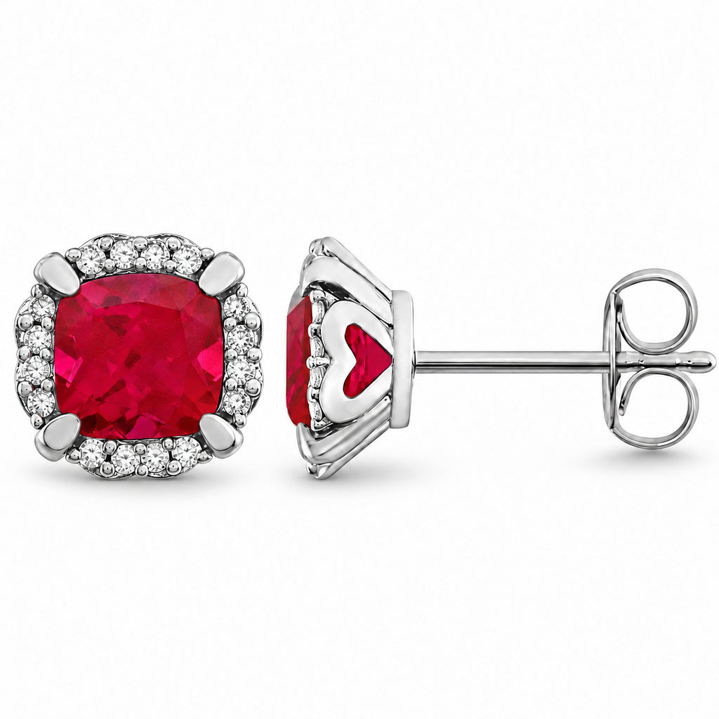Cushion lab ruby and natural diamond halo earrings, enlarged front and side view