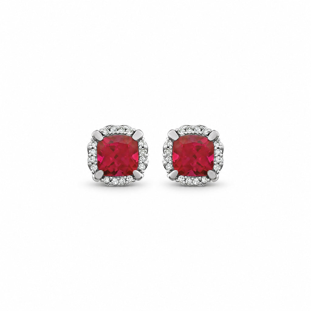 5x5mm cushion lab-grown ruby and natural diamond halo earrings in 14K white gold