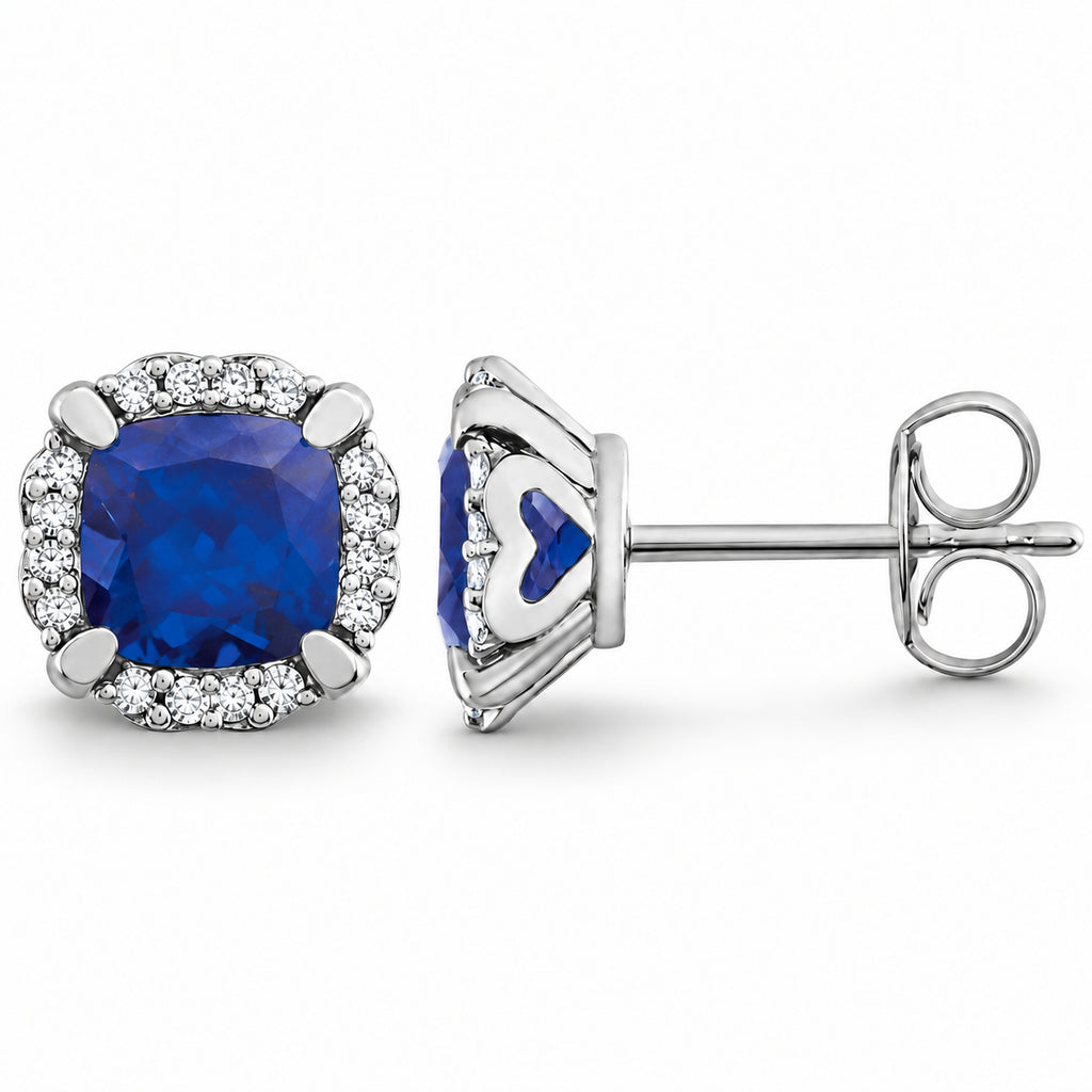 Cushion lab blue sapphire halo earrings, enlarged front and side view