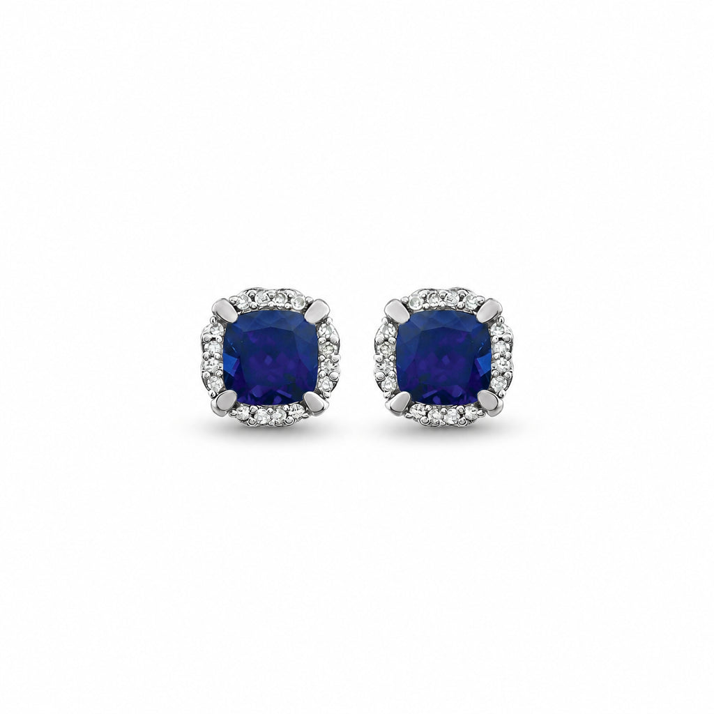5x5mm cushion lab-grown blue sapphire and natural diamond halo earrings in 14K white gold