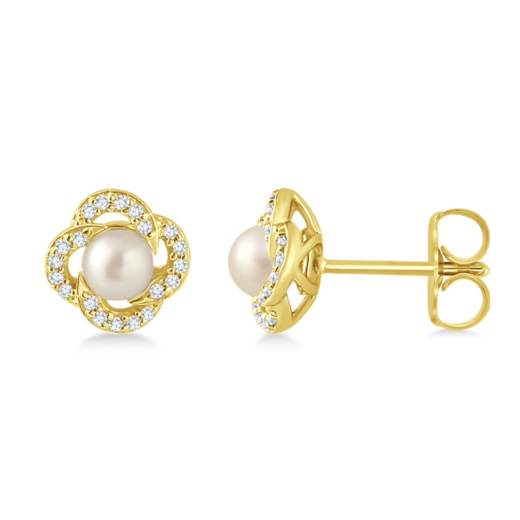 Diamond Accent Halo Cultured Freshwater Pearl Earrings 14k Yellow Gold (0.15ct)