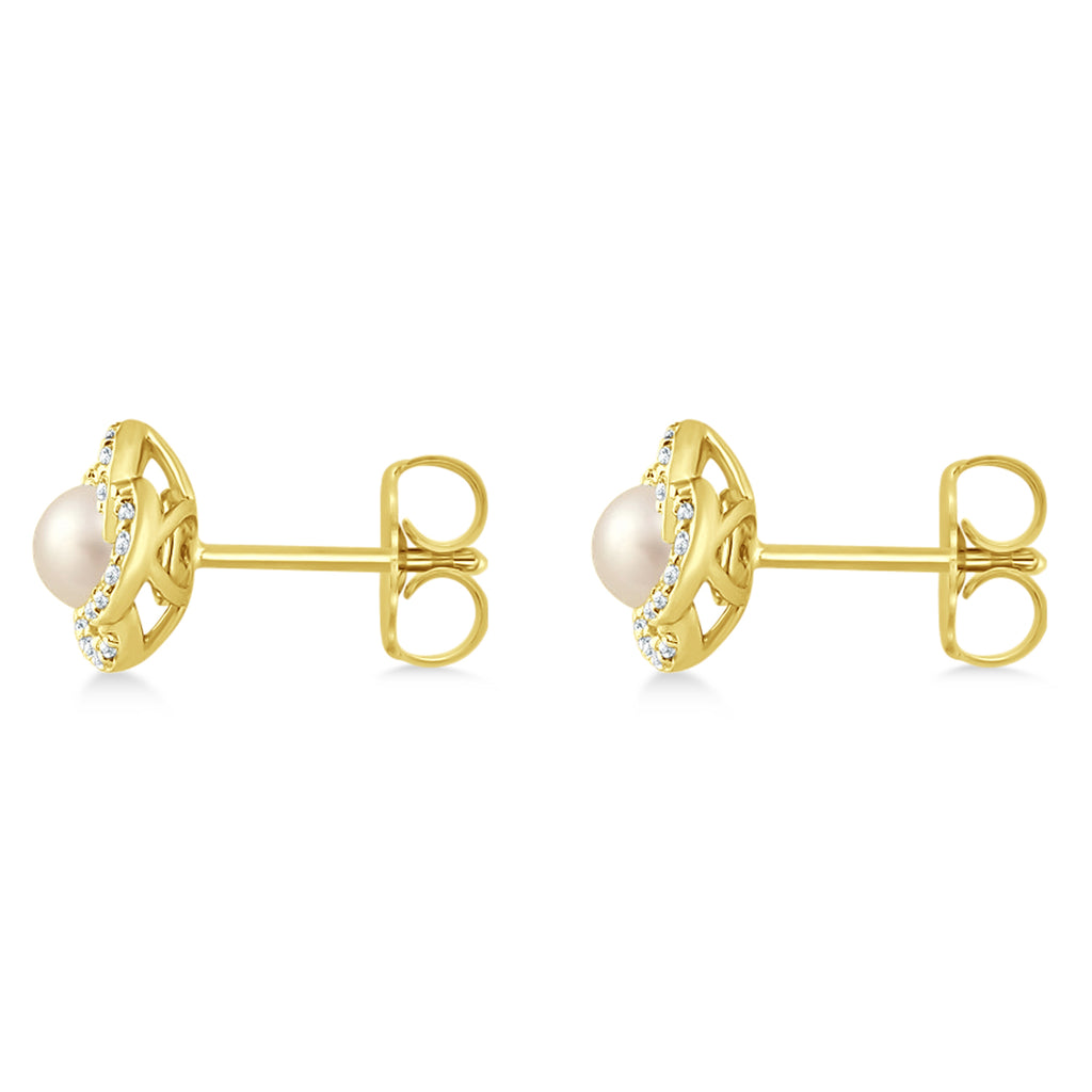 Diamond Accent Halo Cultured Freshwater Pearl Earrings 14k Yellow Gold (0.15ct)