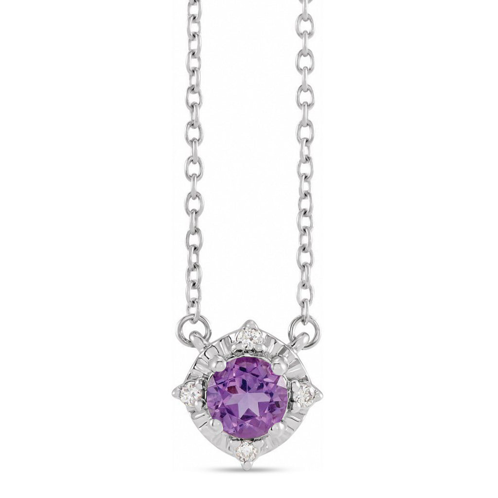 Round Amethyst Diamond Halo Pendant Necklace Sterling Silver (0.54ct)