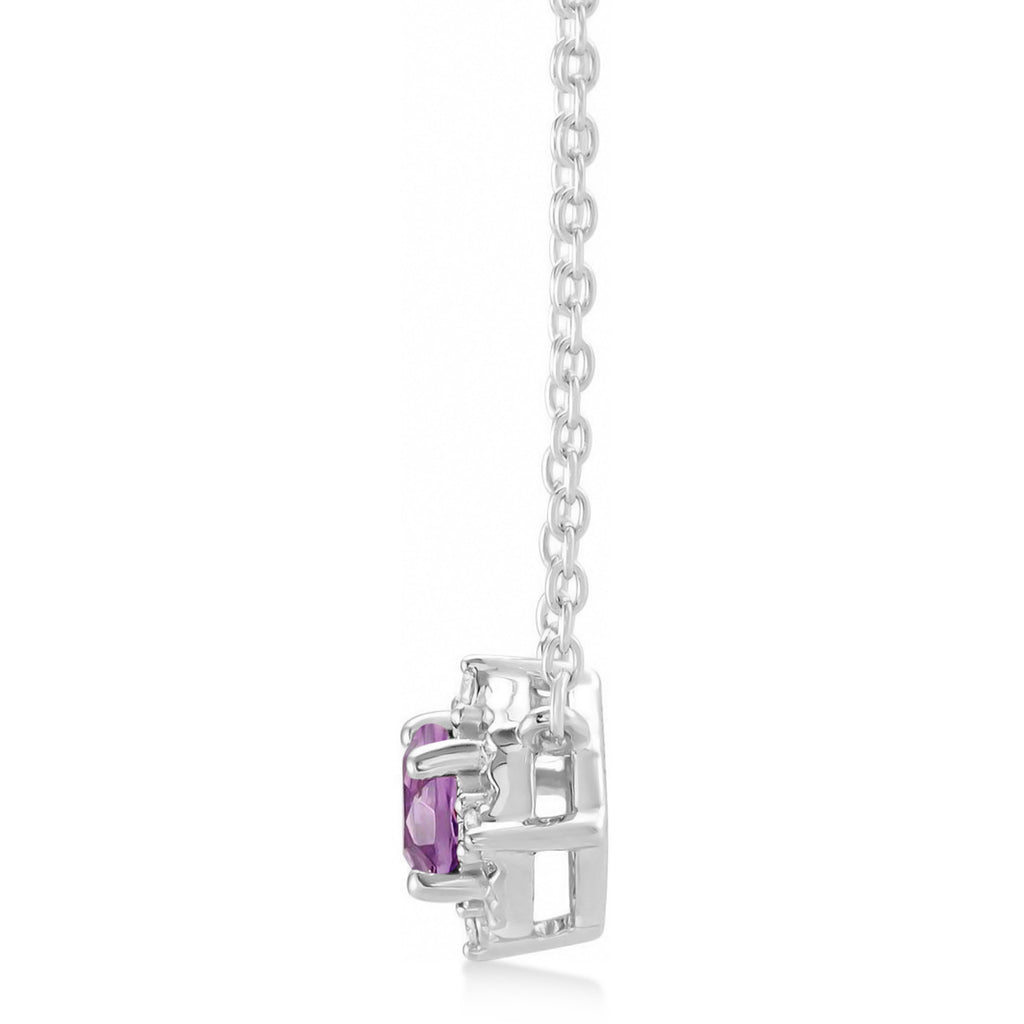 Round Amethyst Diamond Halo Pendant Necklace Sterling Silver (0.54ct)