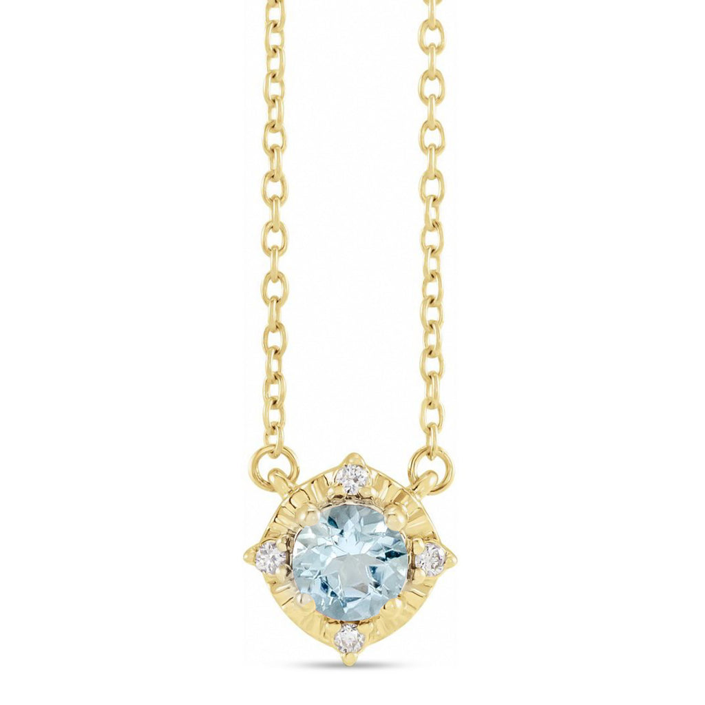 Round Aquamarine Diamond Halo Pendant Necklace 14K Yellow Gold (0.54ct)