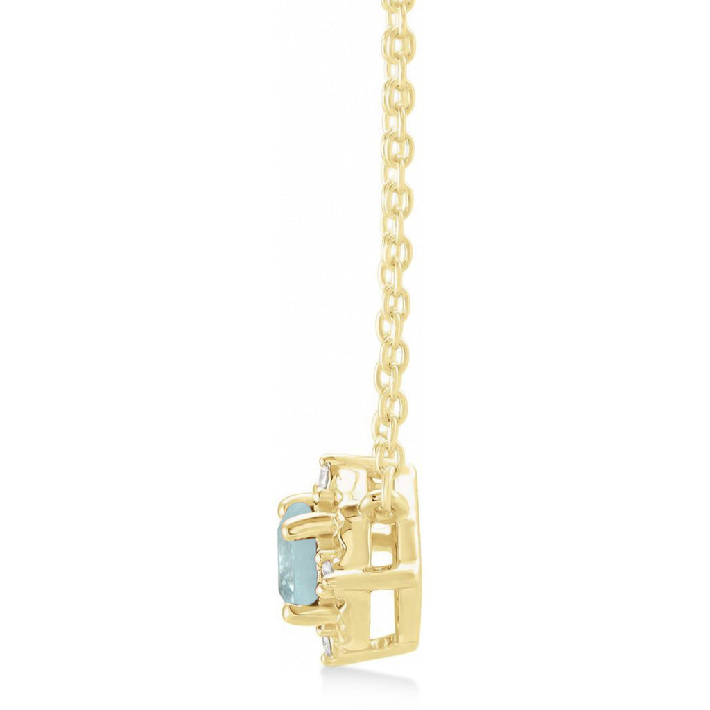 Round Aquamarine Diamond Halo Pendant Necklace 14K Yellow Gold (0.54ct)