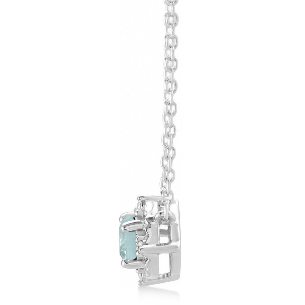 Round Aquamarine Diamond Halo Pendant Necklace 14K White Gold (0.54ct)