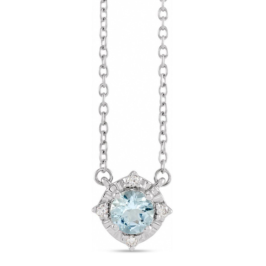 Round Aquamarine Diamond Halo Pendant Necklace Sterling Silver (0.54ct)