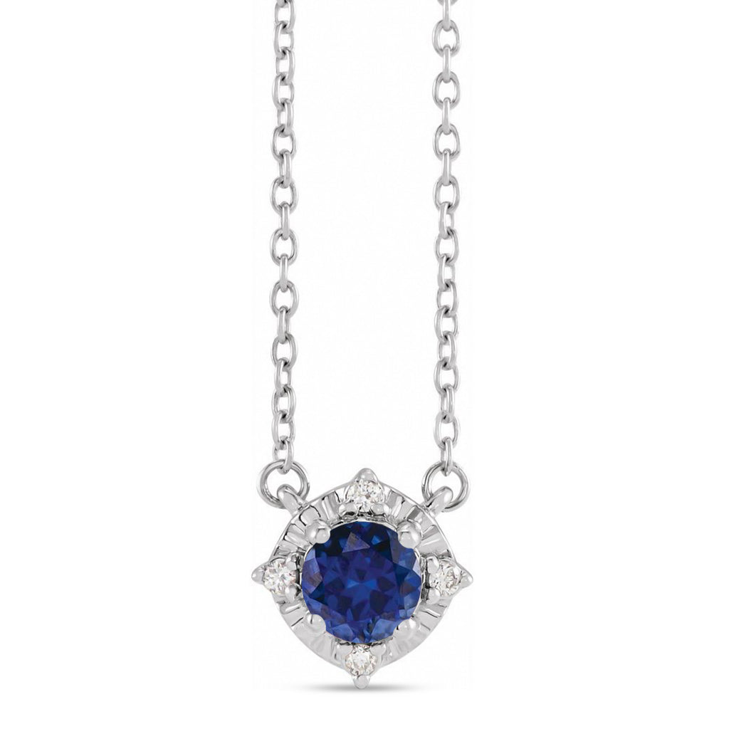 Round Lab  Blue Sapphire Diamond Halo Pendant Necklace Sterling Silver (0.54ct)