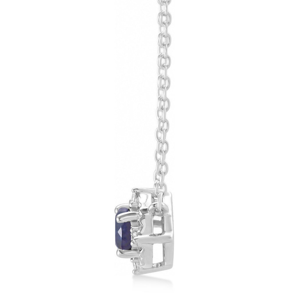 Round Lab  Blue Sapphire Diamond Halo Pendant Necklace Sterling Silver (0.54ct)