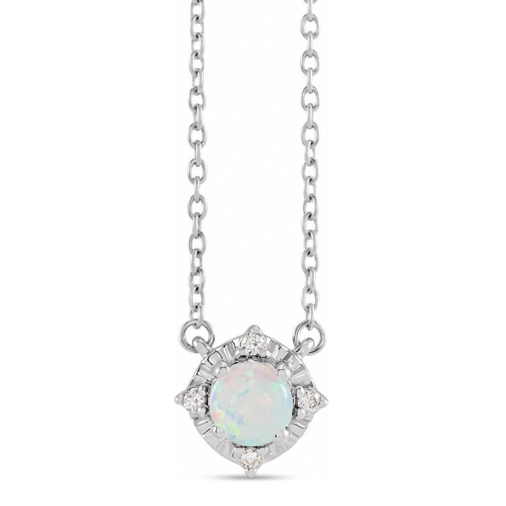 Round Lab  White Opal Diamond Halo Pendant Necklace 14K White Gold (0.54ct)