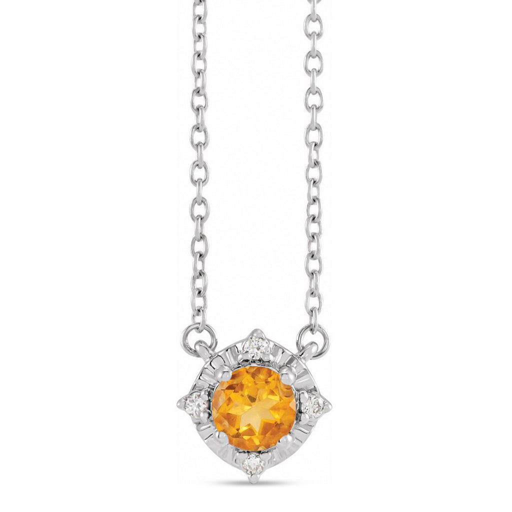 Round Citrine Diamond Halo Pendant Necklace Sterling Silver (0.54ct)