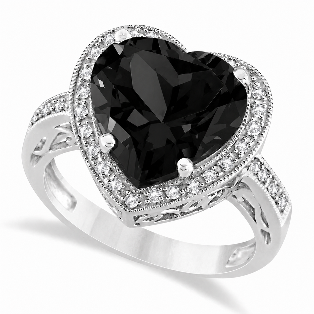 Heart Shaped Lab Black Diamond & Diamond Ring Halo 14K White Gold 5.41ct