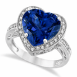 Heart Shaped Lab Blue Sapphire & Diamond Ring Halo 14K White Gold 5.41ct