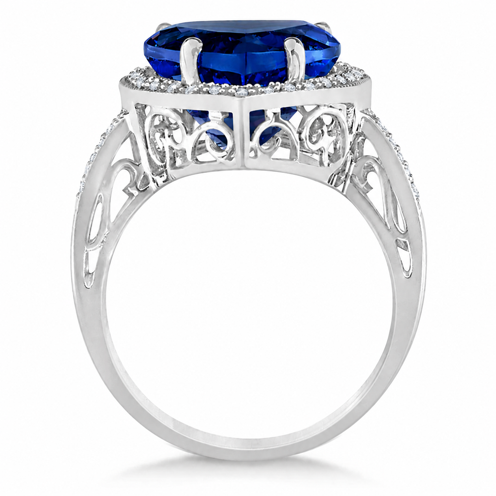 Heart Shaped Lab Blue Sapphire & Diamond Ring Halo 14K White Gold 5.41ct