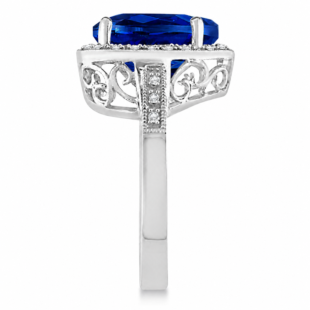 Heart Shaped Lab Blue Sapphire & Diamond Ring Halo 14K White Gold 5.41ct