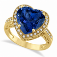 Heart Shaped Lab Blue Sapphire & Diamond Ring Halo 14K Yellow Gold 5.41ct