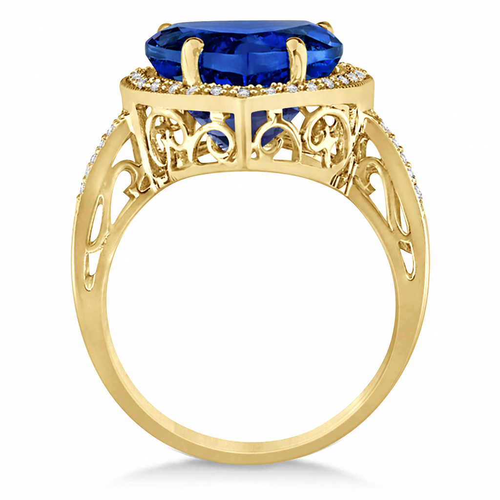 Heart Shaped Lab Blue Sapphire & Diamond Ring Halo 14K Yellow Gold 5.41ct