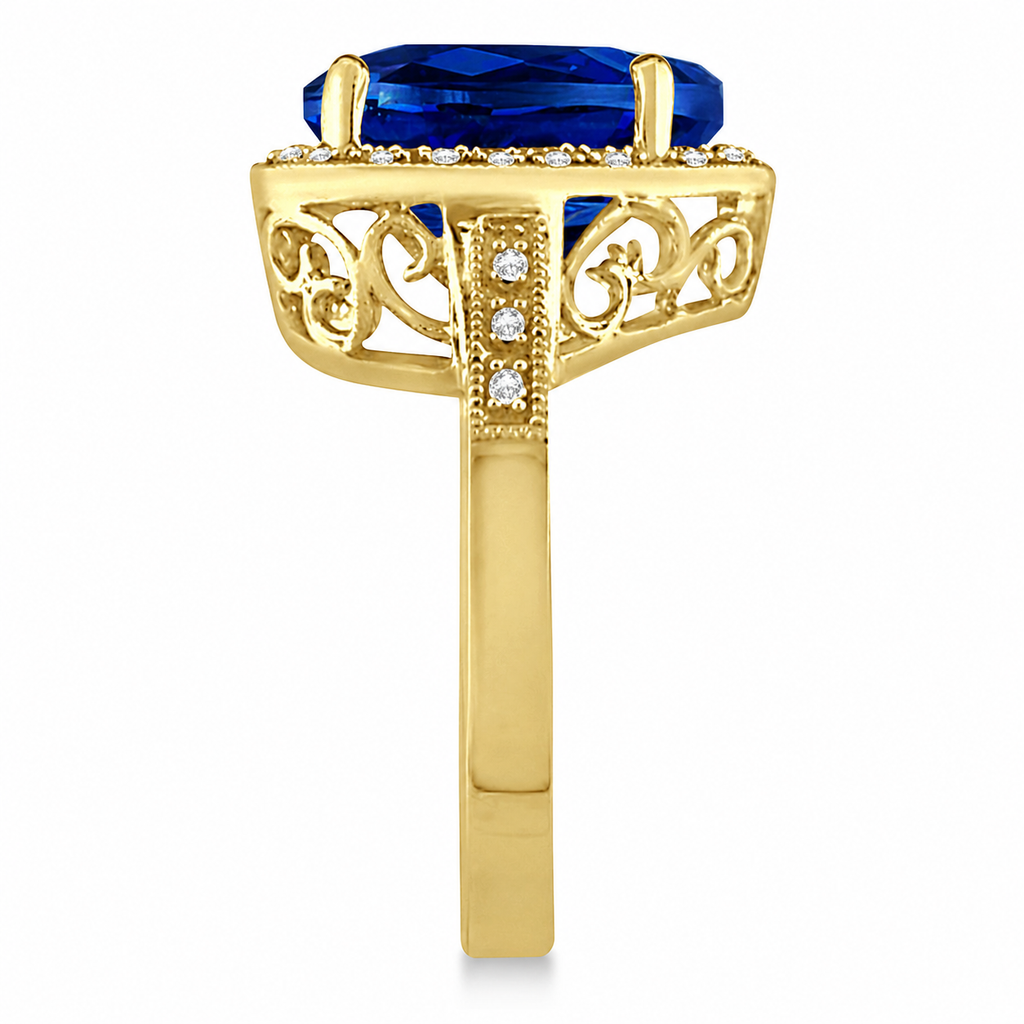Heart Shaped Lab Blue Sapphire & Diamond Ring Halo 14K Yellow Gold 5.41ct