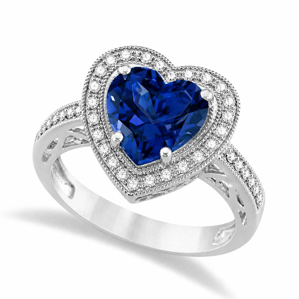 Heart Shaped Lab Blue Sapphire & Diamond Ring Halo 14K White Gold 5.23ct