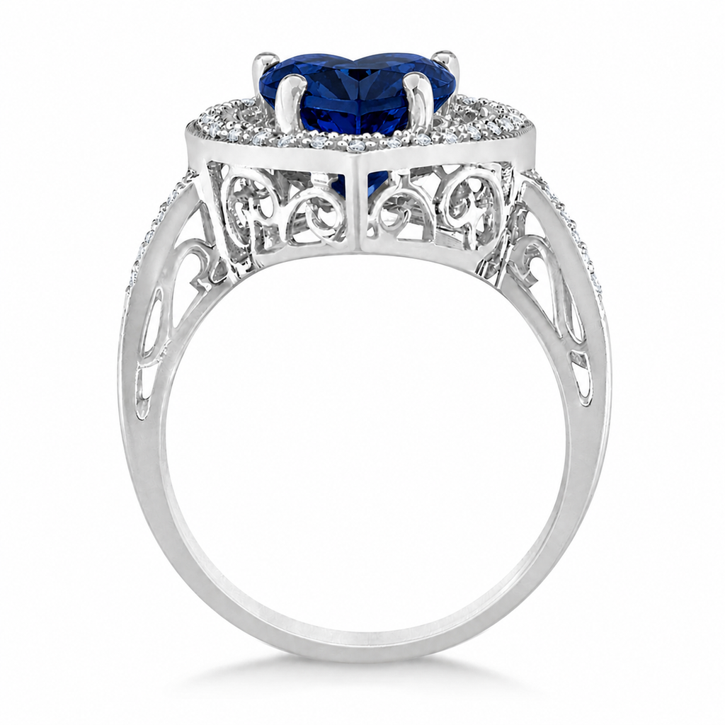 Heart Shaped Lab Blue Sapphire & Diamond Ring Halo 14K White Gold 5.23ct