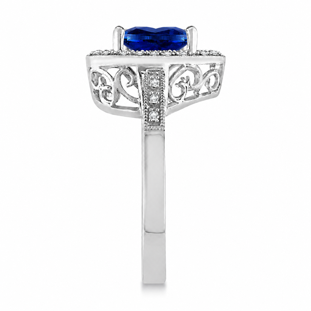 Heart Shaped Lab Blue Sapphire & Diamond Ring Halo 14K White Gold 5.23ct