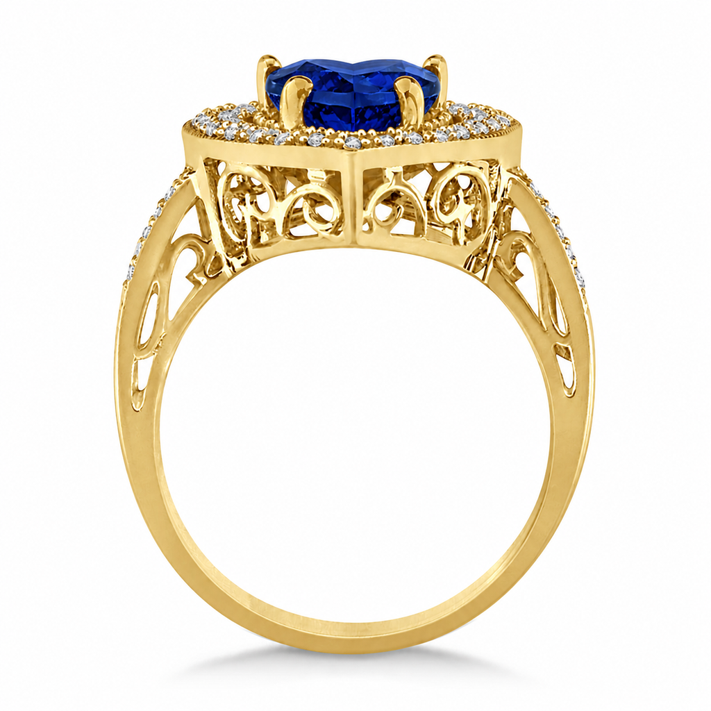 Heart Shaped Lab Blue Sapphire & Diamond Ring Halo 14K Yellow Gold 5.23ct