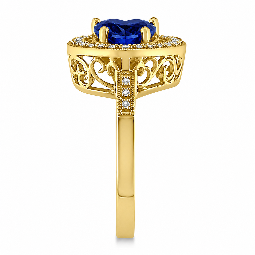 Heart Shaped Lab Blue Sapphire & Diamond Ring Halo 14K Yellow Gold 5.23ct