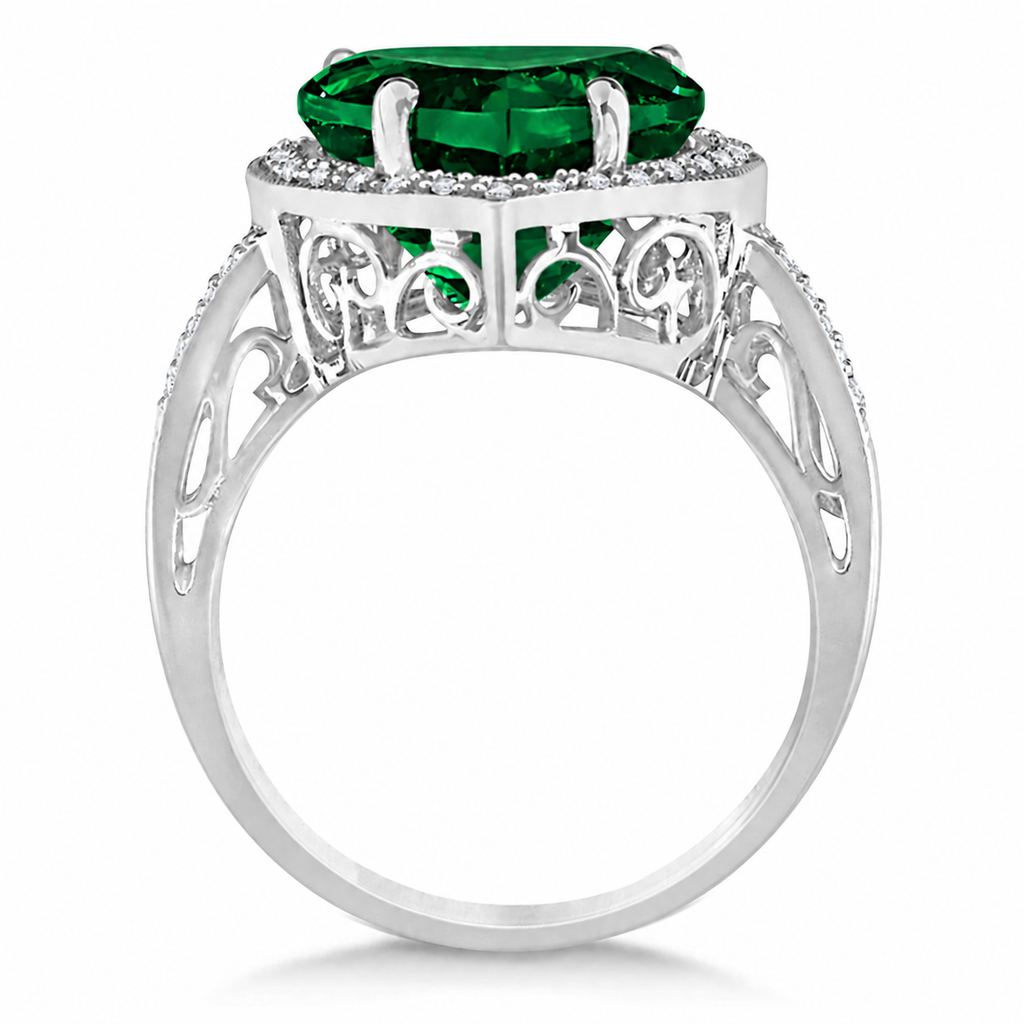 Heart Shaped Lab Emerald & Diamond Ring Halo 14K White Gold 5.41ct
