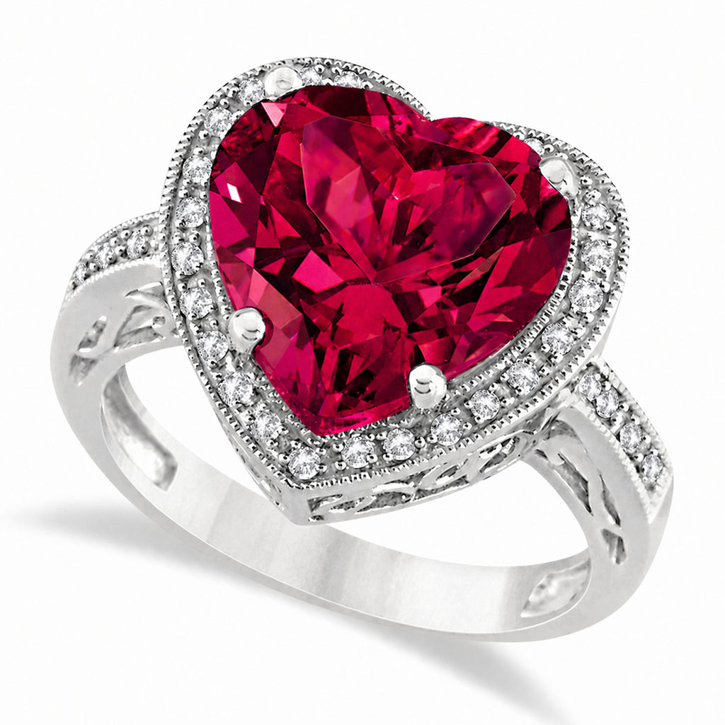 Heart Shaped Lab Ruby & Diamond Ring Halo 14K White Gold 5.41ct