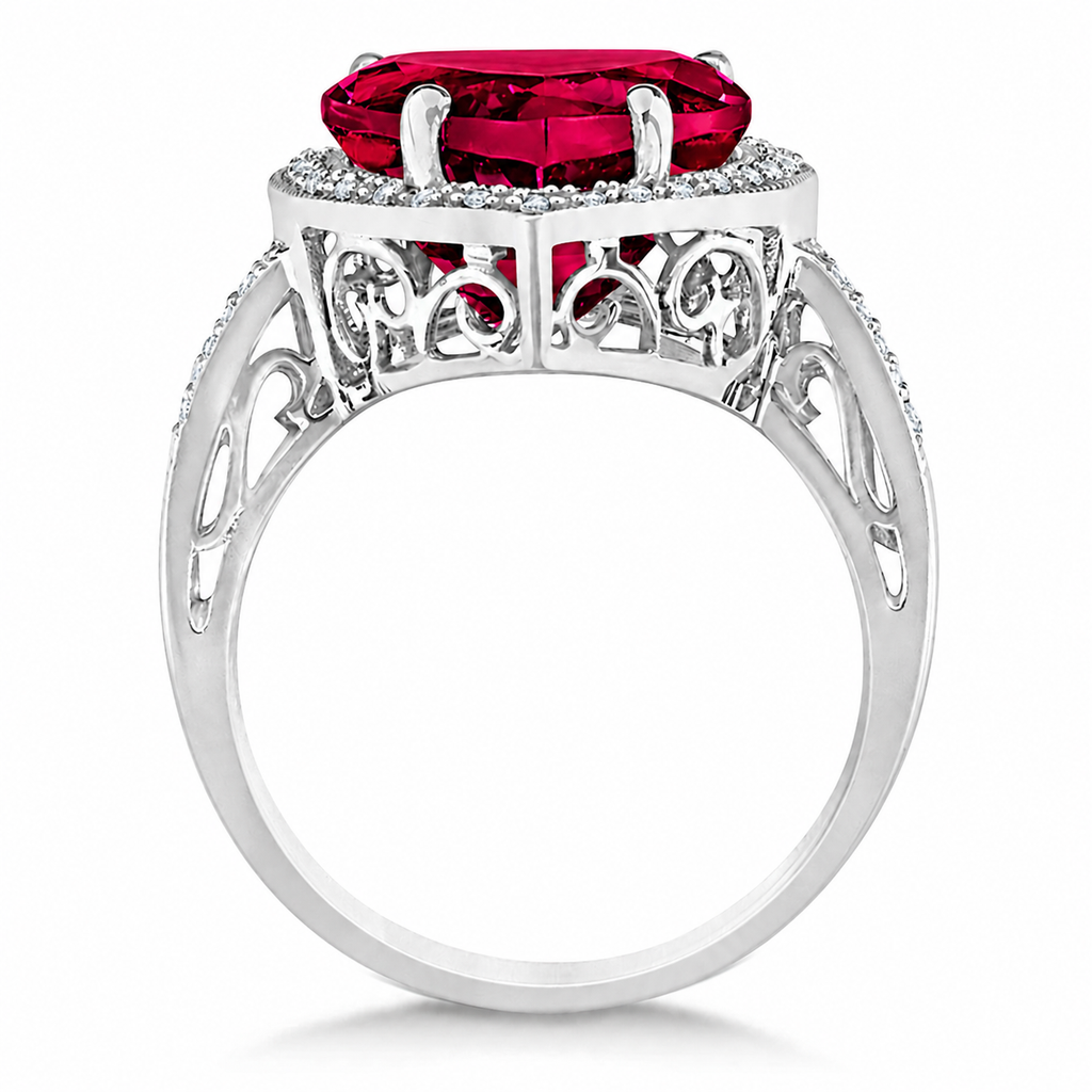 Heart Shaped Lab Ruby & Diamond Ring Halo 14K White Gold 5.41ct