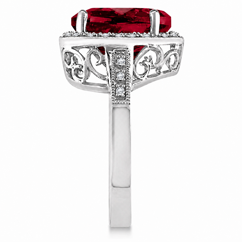 Heart Shaped Lab Ruby & Diamond Ring Halo 14K White Gold 5.41ct