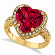 Heart Shaped Lab Ruby & Diamond Ring Halo 14K Yellow Gold 5.41ct
