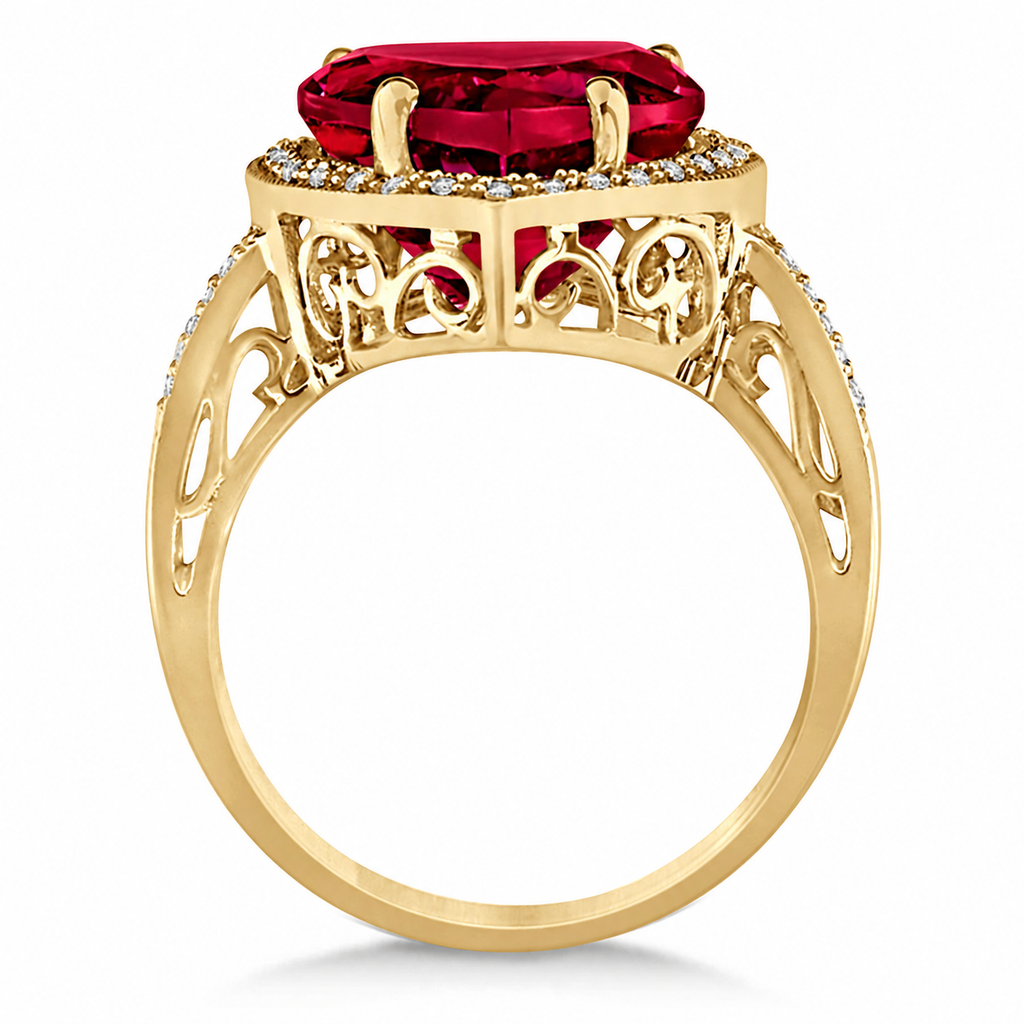 Heart Shaped Lab Ruby & Diamond Ring Halo 14K Yellow Gold 5.41ct