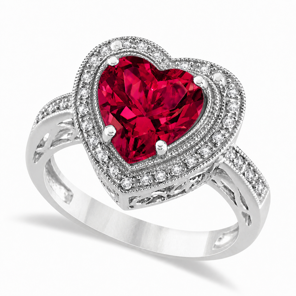 Heart Shaped Lab Ruby & Diamond Ring Halo 14K White Gold 4.21ct