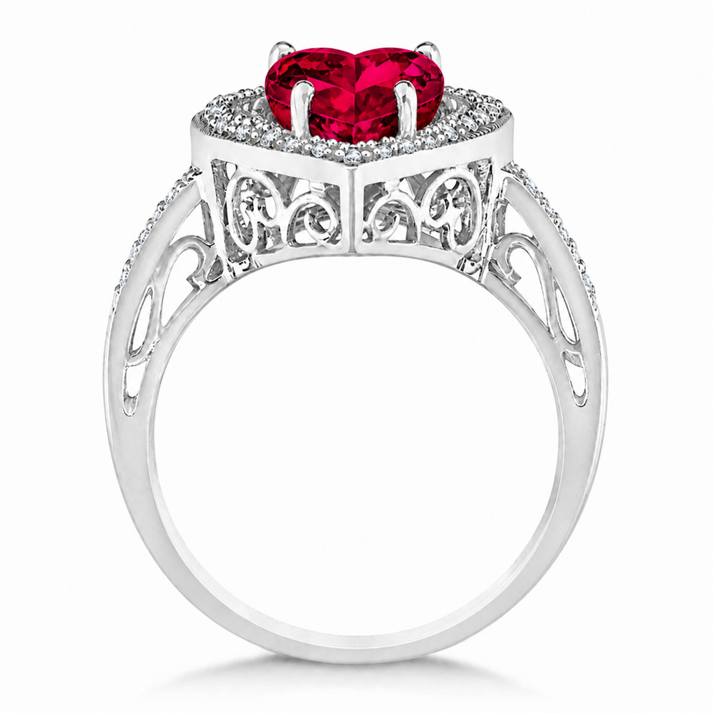 Heart Shaped Lab Ruby & Diamond Ring Halo 14K White Gold 4.21ct