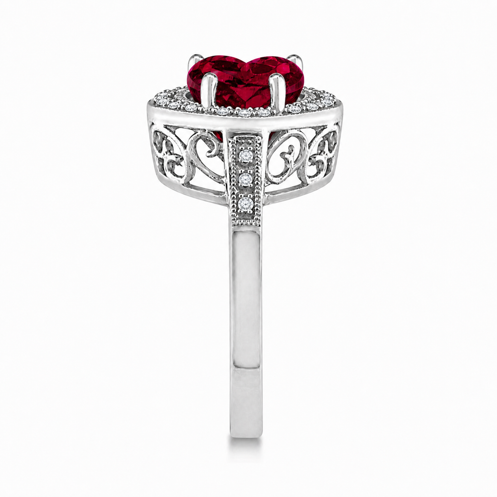 Heart Shaped Lab Ruby & Diamond Ring Halo 14K White Gold 4.21ct