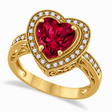 Heart Shaped Lab Ruby & Diamond Ring Halo 14K Yellow Gold 4.21ct